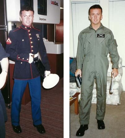 Two photos of Mike as a young man in military uniform: one in a dress uniform, one in a flight suit