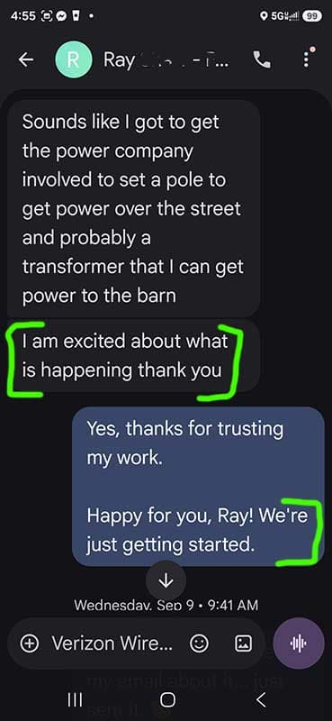 Text message from a builder named Ray: "I am excited about what is happening thank you." Mike replies: "Happy for you, Ray! We're just getting started."